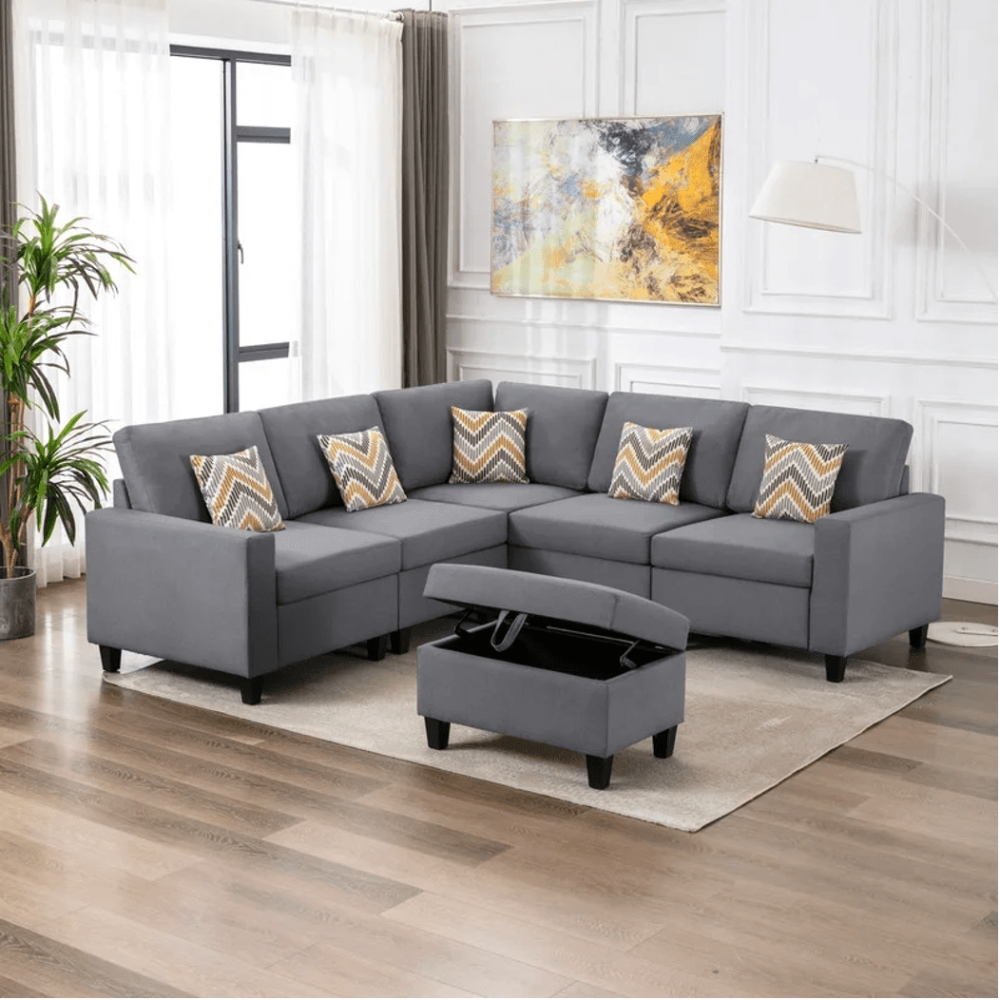 Nollon Linen Fabric Sectional Sofa with Pillows and Storage Ottoman - Oak Inside