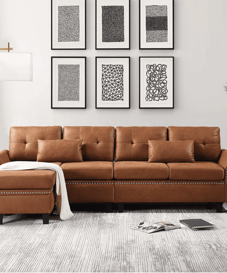 Viatol High Back Couch Mid-century Suede Leather Wood Legs Chaise Sofa - Oak Inside