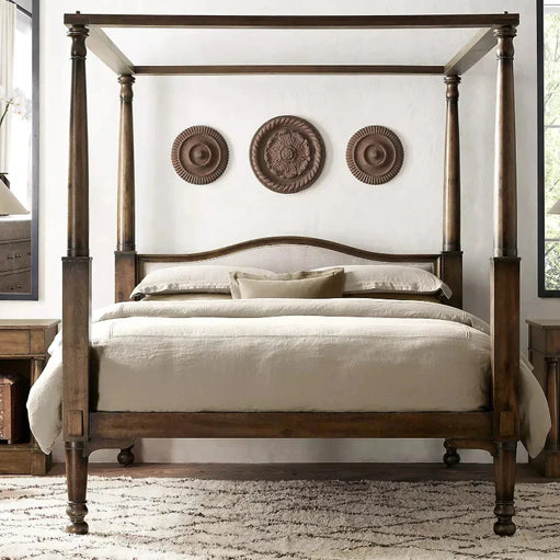 Mid Century Solid Wood Luxury Poster Bed in Dark Brown