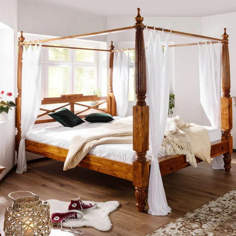 Erica Sheesham Wood Luxury Poster Bed in Honey Oak
