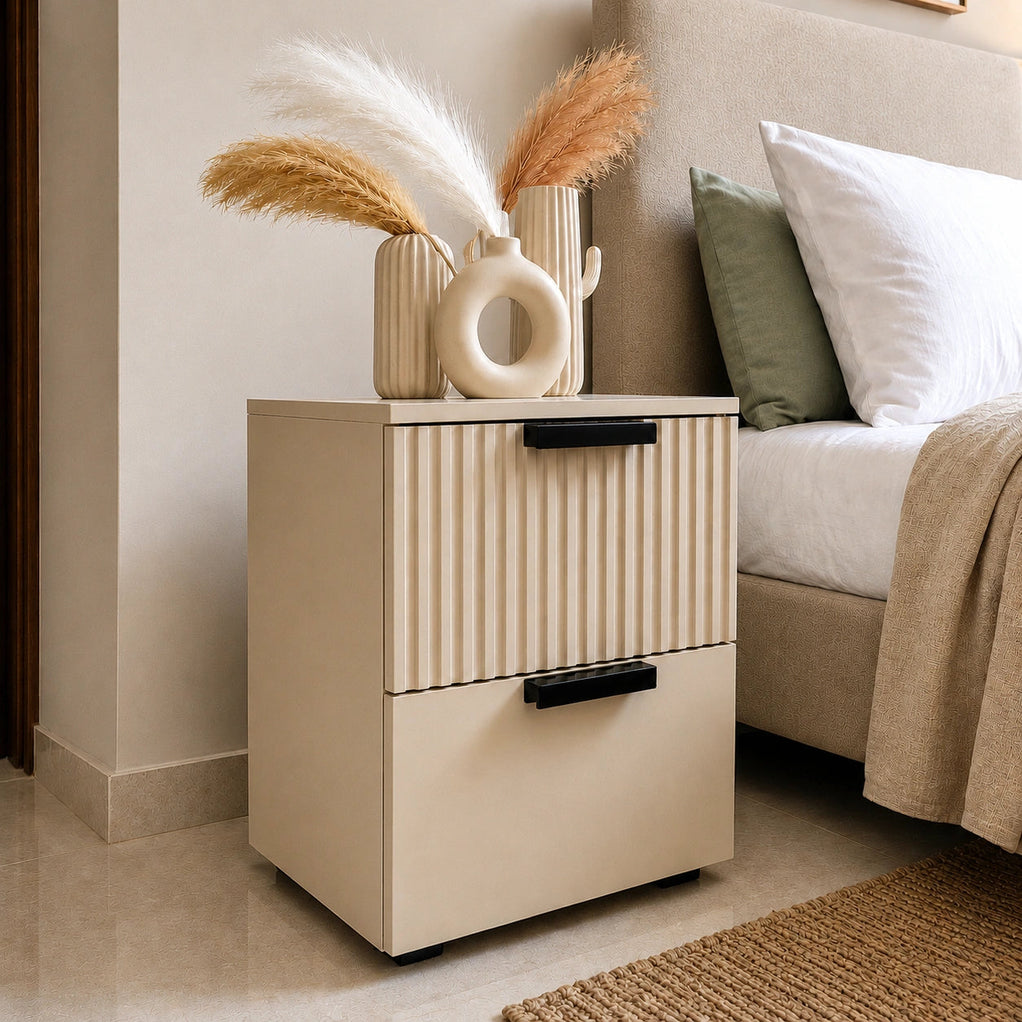 Fluted Solid Wood Bedside Table with 2 Drawers & Storage