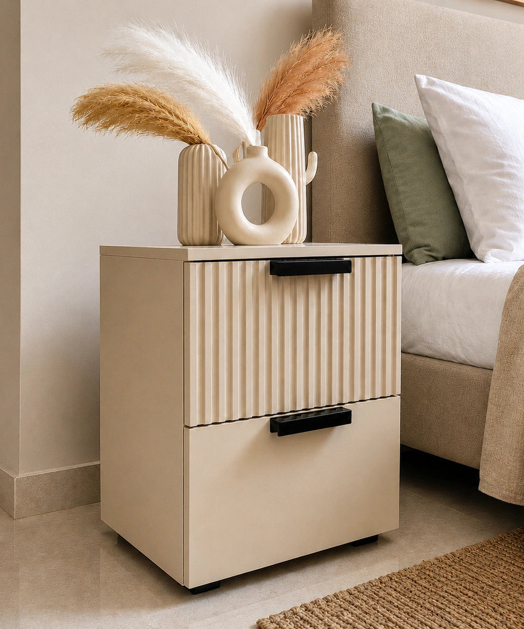 Fluted Solid Wood Bedside Table with 2 Drawers & Storage