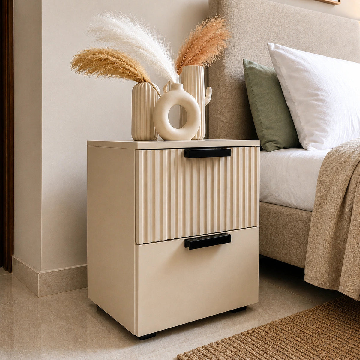 Fluted Solid Wood Bedside Table with 2 Drawers & Storage