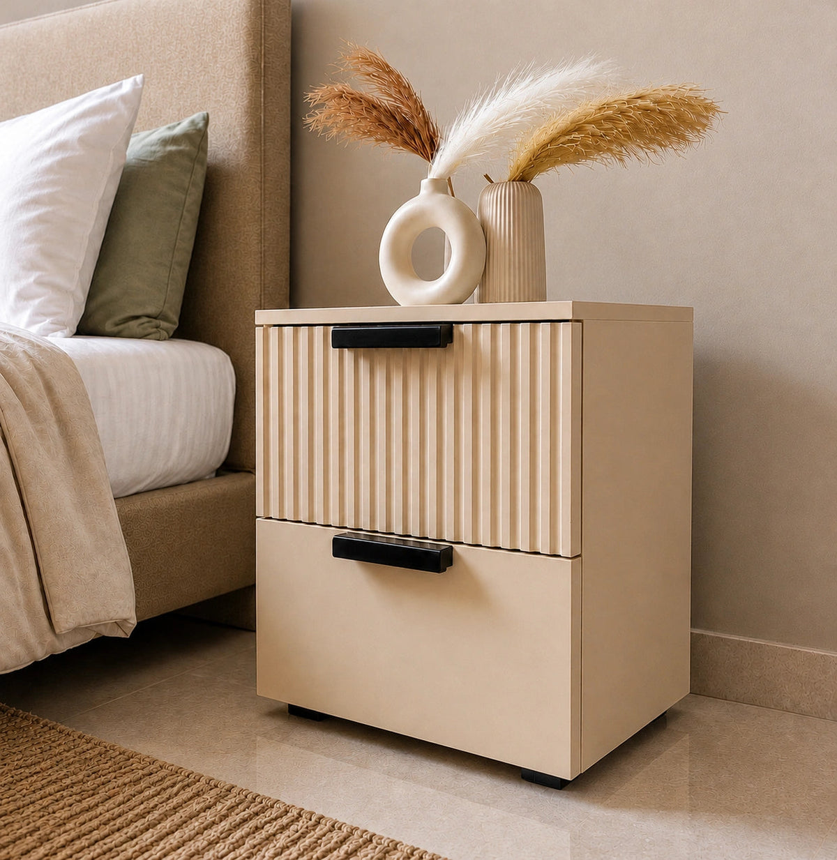 Fluted Solid Wood Bedside Table with 2 Drawers & Storage
