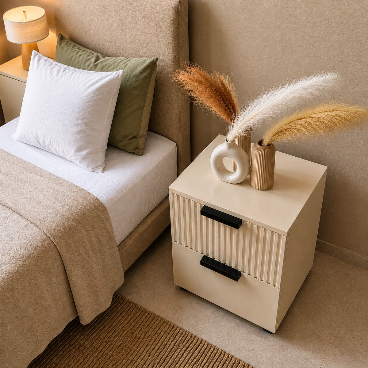Fluted Solid Wood Bedside Table with 2 Drawers & Storage