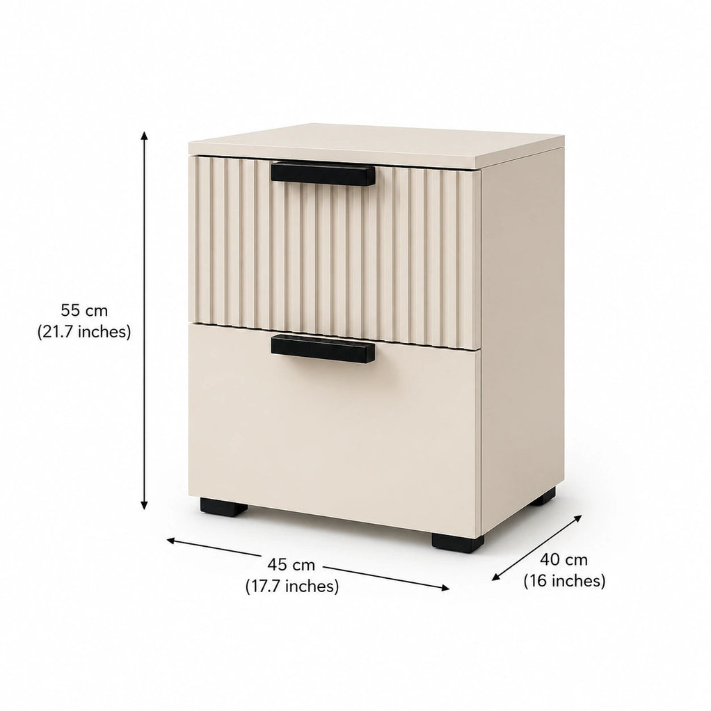 Fluted Solid Wood Bedside Table with 2 Drawers & Storage