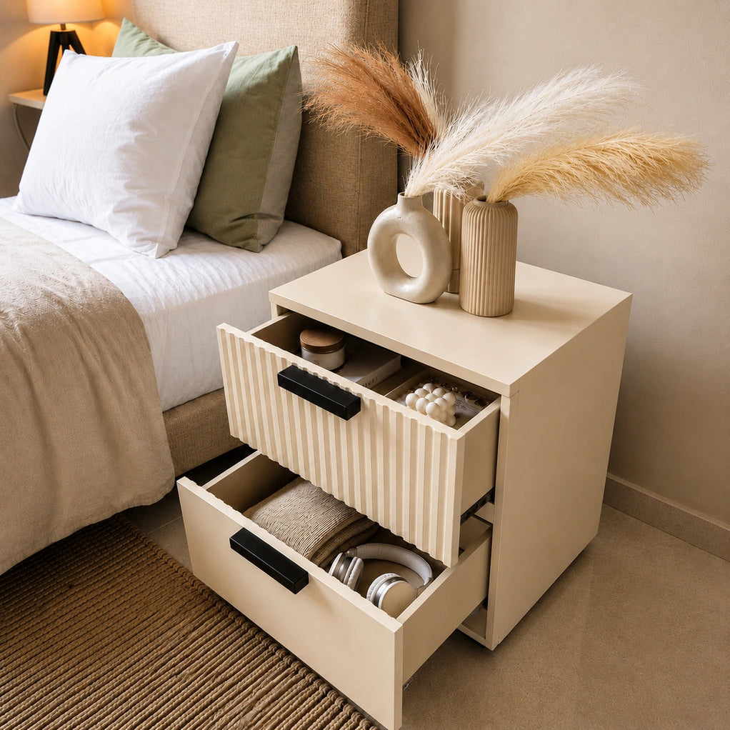 Fluted Solid Wood Bedside Table with 2 Drawers & Storage