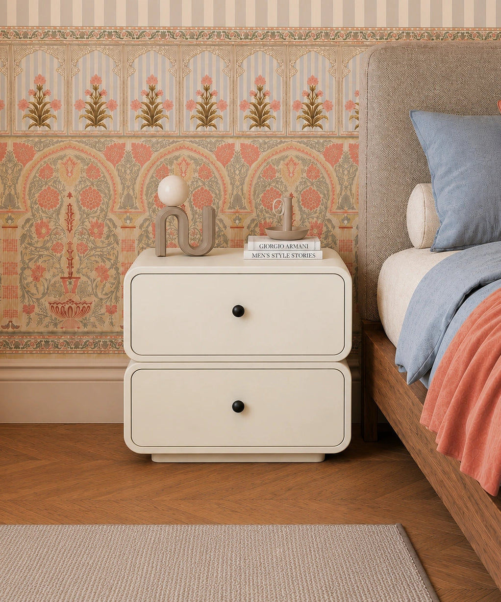 Ivory Modern Solid Wood Bedside Table with 2 Drawers