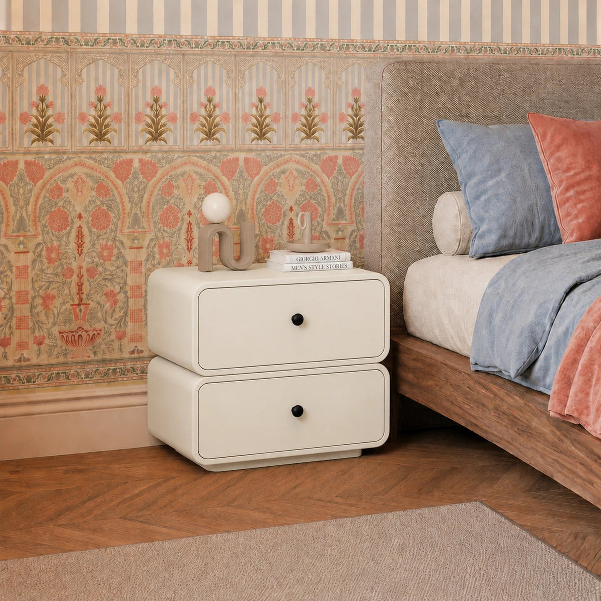 Ivory Modern Solid Wood Bedside Table with 2 Drawers