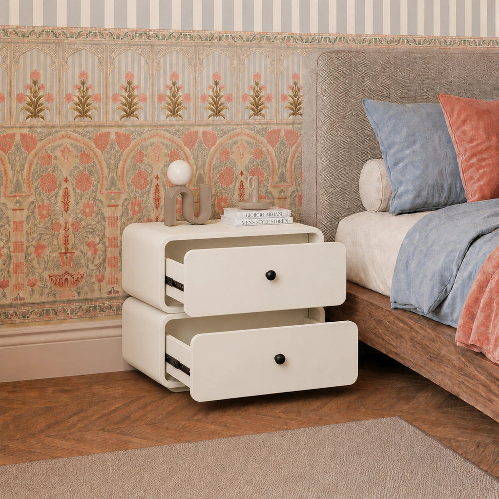 Ivory Modern Solid Wood Bedside Table with 2 Drawers