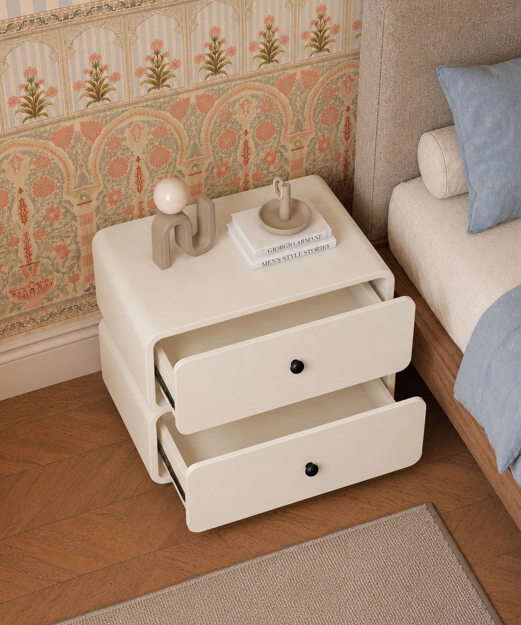 Ivory Modern Solid Wood Bedside Table with 2 Drawers