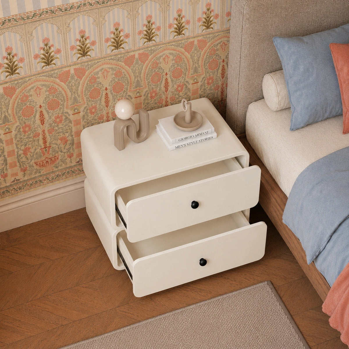 Ivory Modern Solid Wood Bedside Table with 2 Drawers