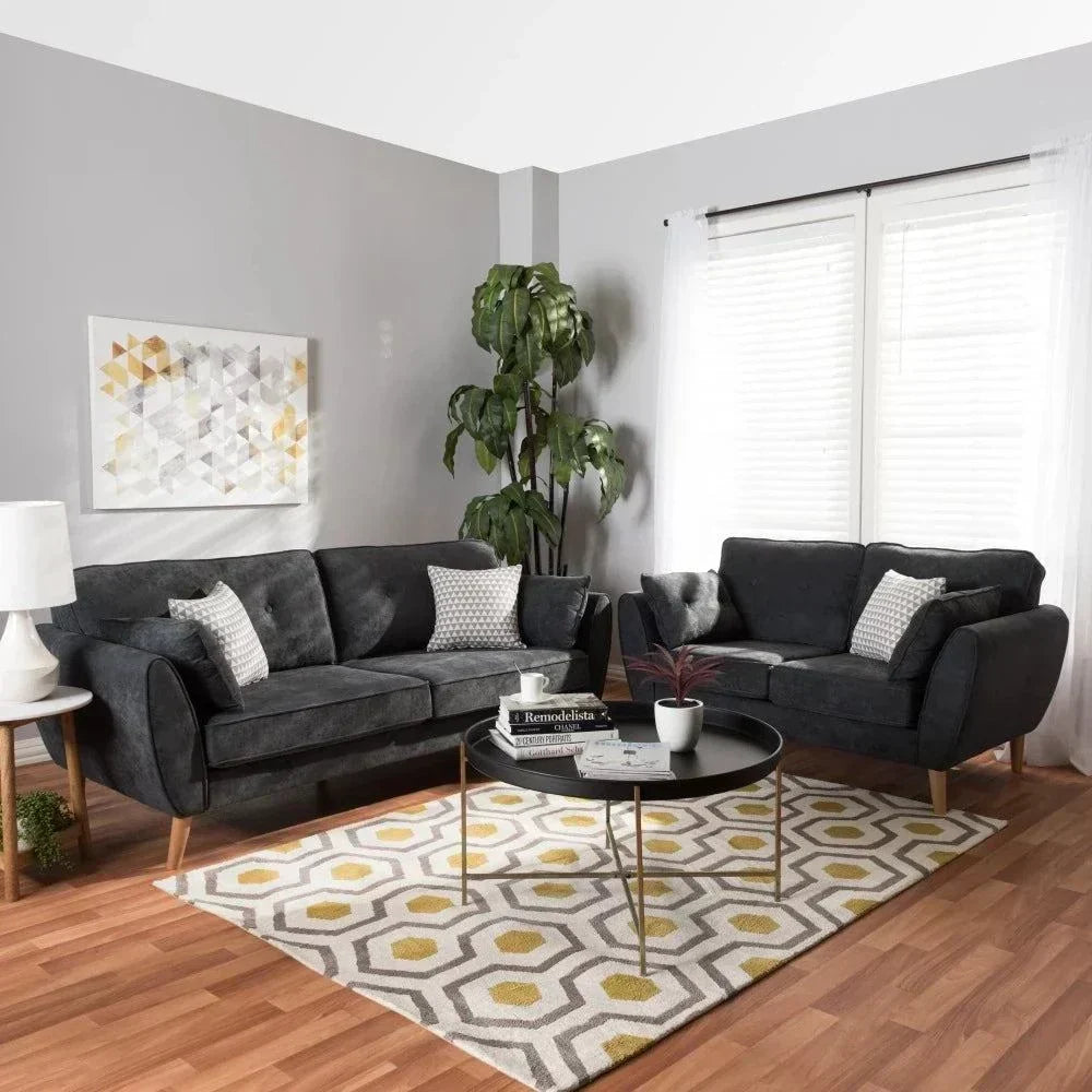 Baxton Straight Line Sofa Set in Suede - Oak Inside