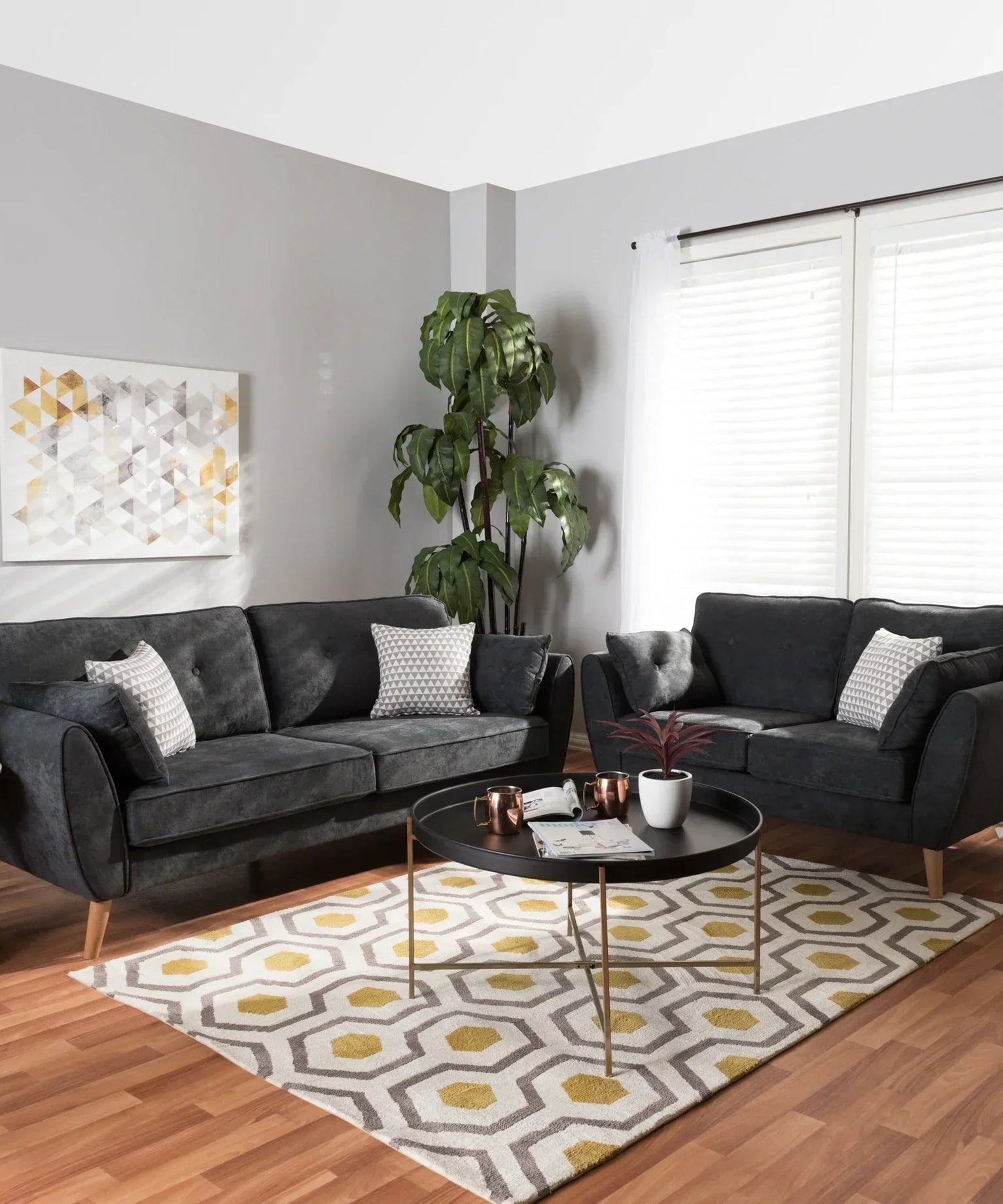 Baxton Straight Line Sofa Set in Suede - Oak Inside