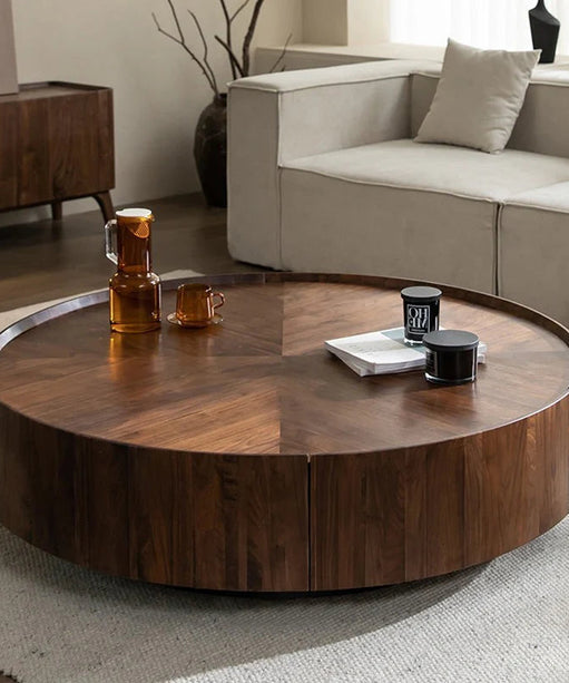 Oak Inside Wooden coffee table with drinks in a living room setting