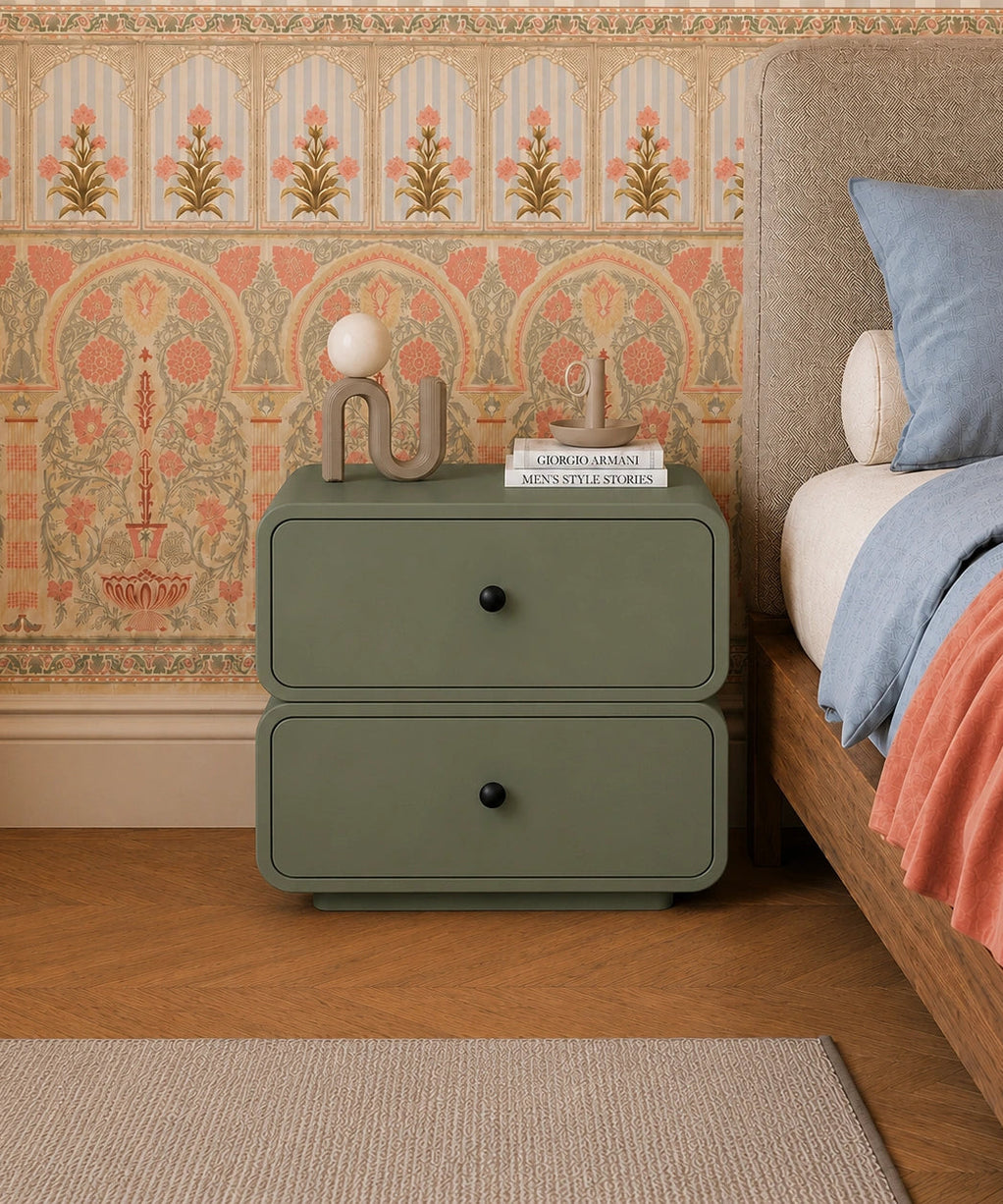 Olive Modern Solid Wood Bedside Table with 2 Drawers