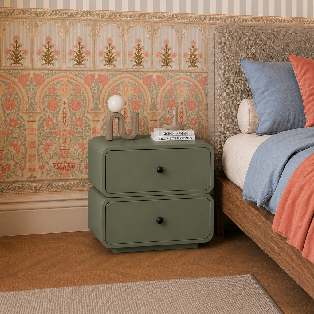 Olive Modern Solid Wood Bedside Table with 2 Drawers