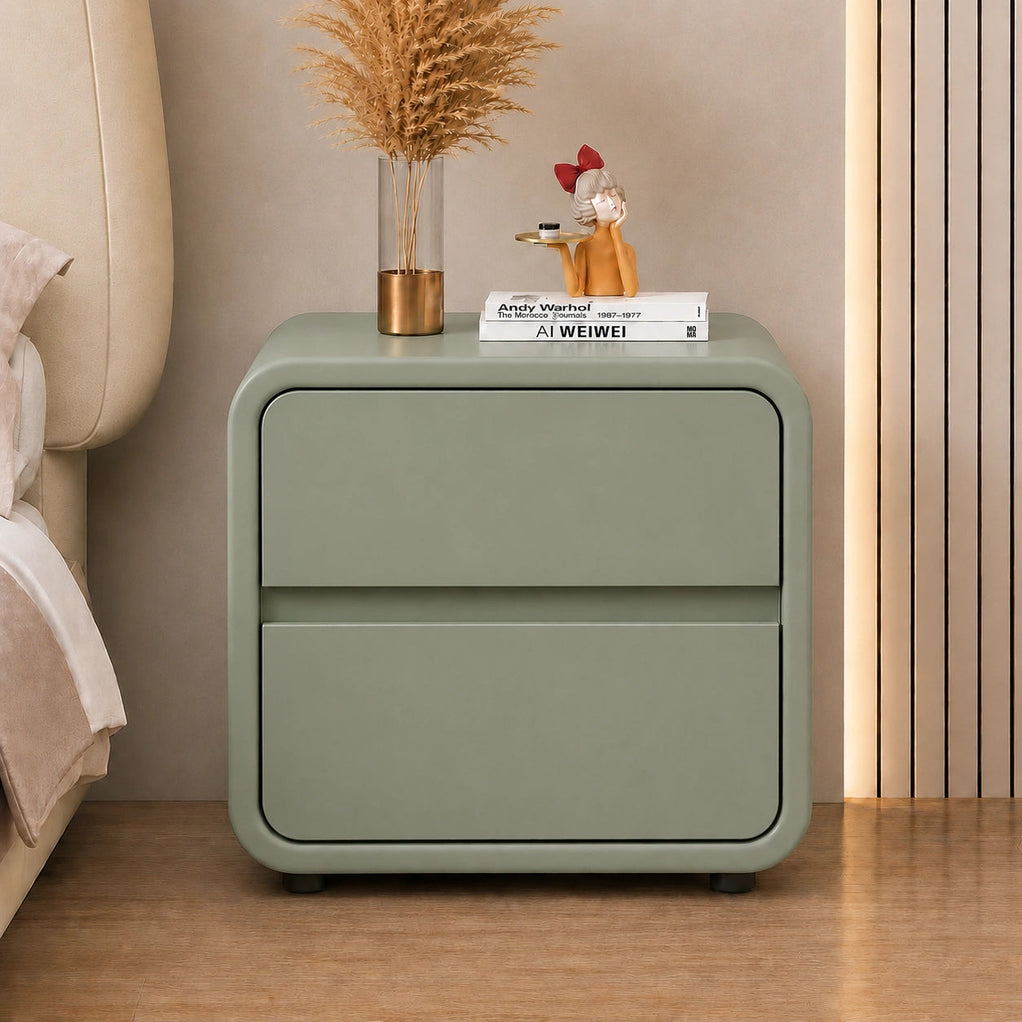 Sage Curve Solid Wood Bedside Table with 2 Drawers