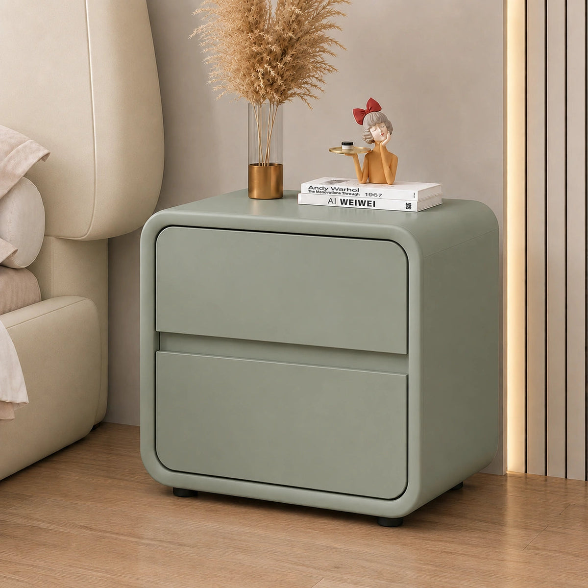 Sage Curve Solid Wood Bedside Table with 2 Drawers