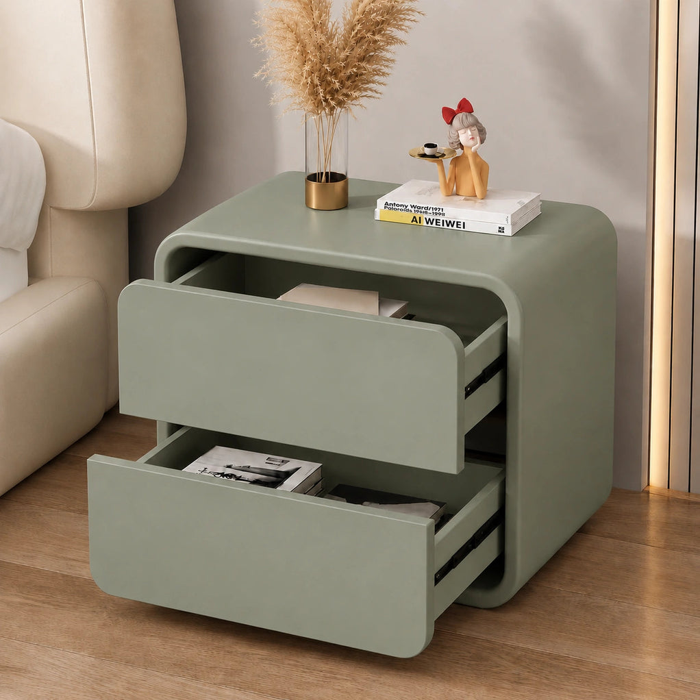 Sage Curve Solid Wood Bedside Table with 2 Drawers