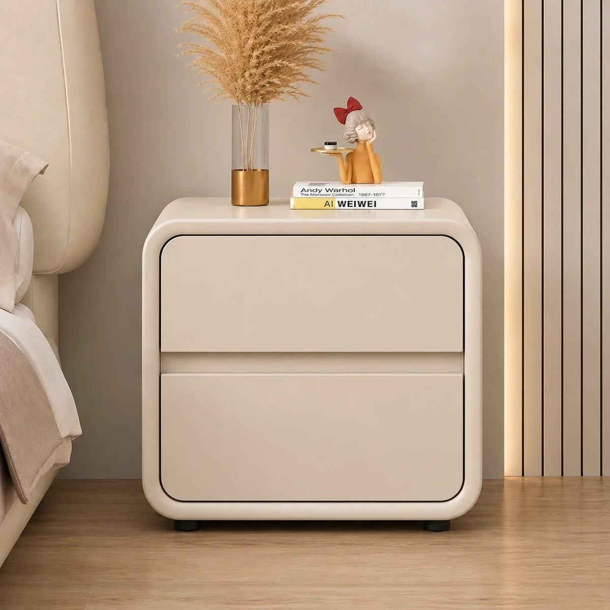 Sage Curve Solid Wood Bedside Table with 2 Drawers