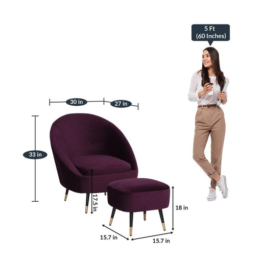 Mariana Velvet Finish Barrel Chair with Foot Stool in Wine Colour