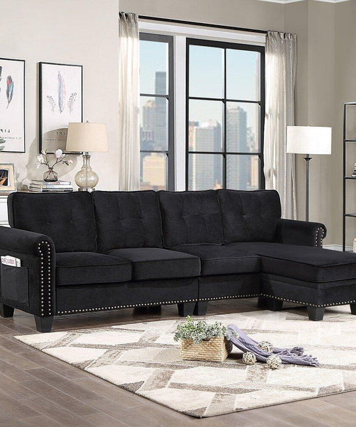 Delray Suede Sectional Sofa in Black - Oak Inside