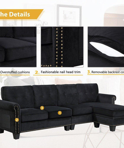 Delray Suede Sectional Sofa in Black - Oak Inside