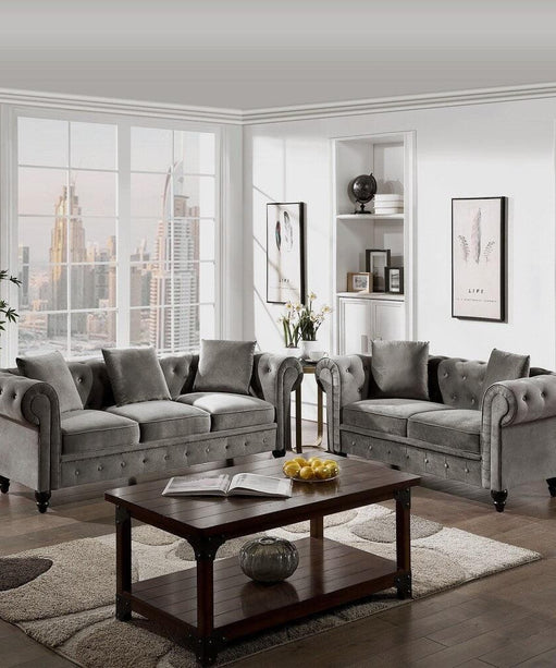 Cosmo Line Chesterfield Sofa Set in Grey - Oak Inside