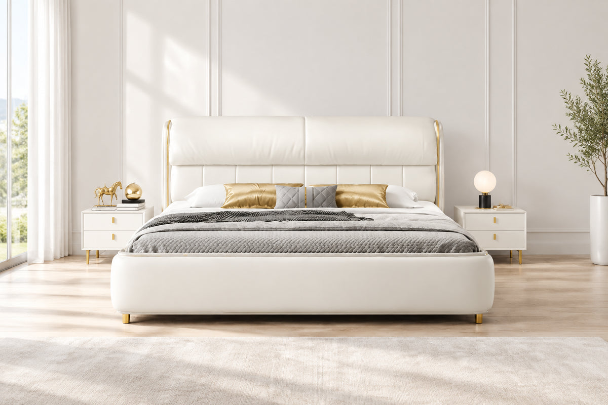 Mono luxurious white leatheright with storage upholstered bed