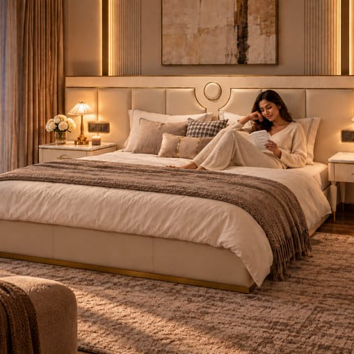 Campa large upholstered bed with side teble Better Leaf
