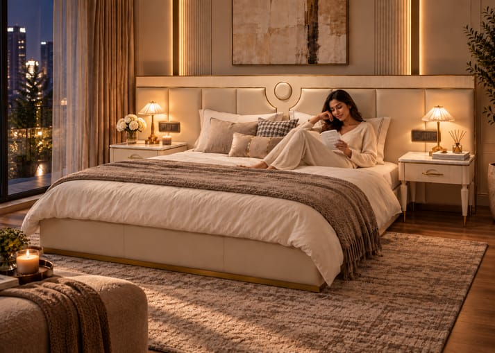 Campa large upholstered bed with side teble Better Leaf