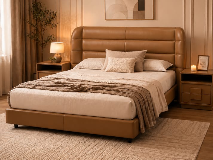 Bubbly leatheright upholstered bed with side teble Better Leaf