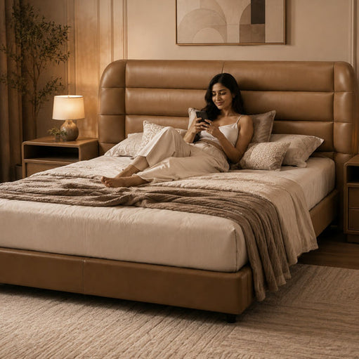 Bubbly leatheright upholstered bed with side teble Better Leaf