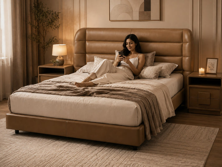 Bubbly leatheright upholstered bed with side teble Better Leaf