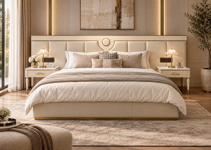 Campa large upholstered bed with side teble Better Leaf