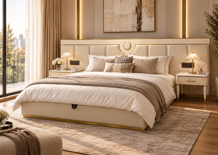 Campa large upholstered bed with side teble Better Leaf