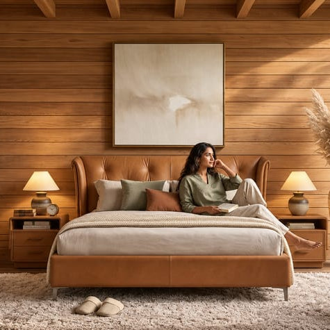 Routela leatheright upholstered bed with side teble Better Leaf