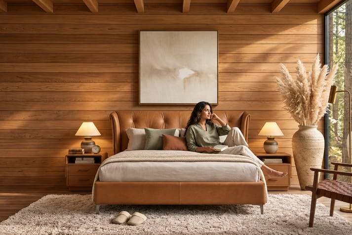 Routela leatheright upholstered bed with side teble Better Leaf