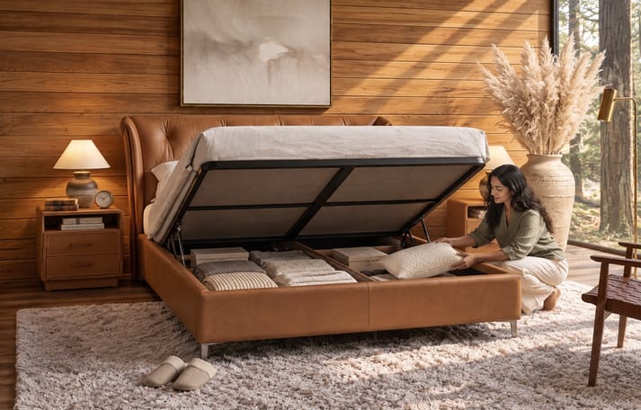 Routela leatheright upholstered bed with side teble Better Leaf